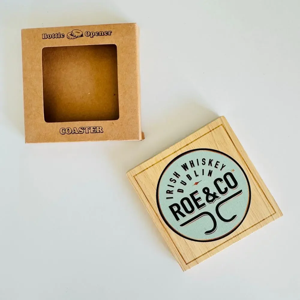 5 NEW ROSE CO Raw Wood Tan Beige Square Coaster Silver Steel Bottle Opener Set